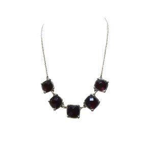 Silver Tone Necklace Acrylic Garnet Colored Rhinestones Faceted Bib Collar 16"